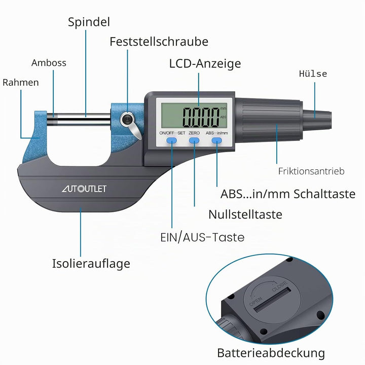 AUTOUTLET Micrometer Digitale Bügelmessschraube 0-25mm/ 0.001mm, Hohe Präzision LCD Digitale Mikrome