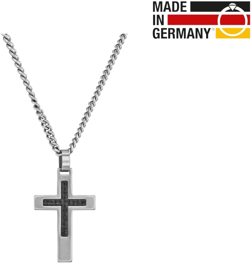Traveller Kreuz Anhänger mit Kette - Herren - Edelstahl - Karbon - Made in Germany - 2 cm - 50 cm -