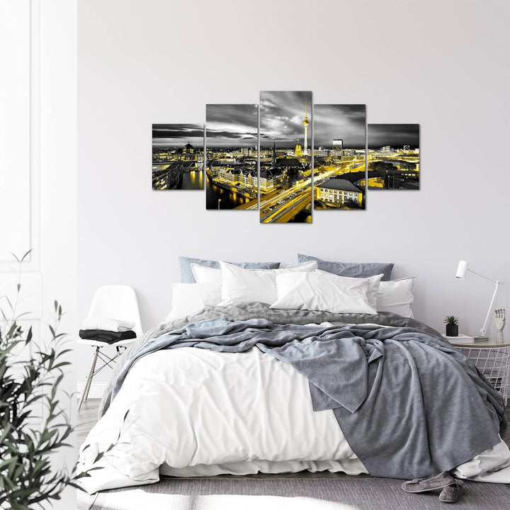 Runa Art - Bilder Berlin Skyline 200 x 100 cm 5 Teilig XXL Wanddekoration Design Schwarz Gelb 004351