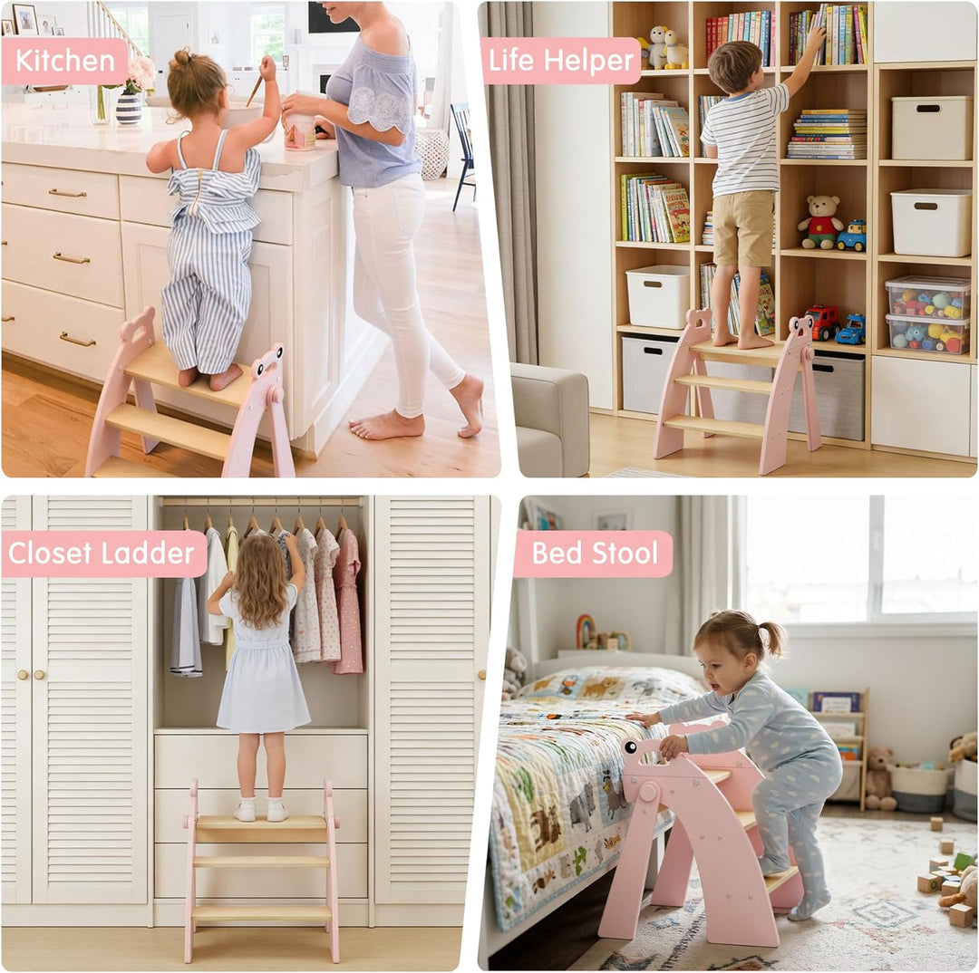 Tritthocker für Kinder Holz, 3 Stufen Kinderschemel, Trittschemel für Baby, Faltbar, Multifunktional