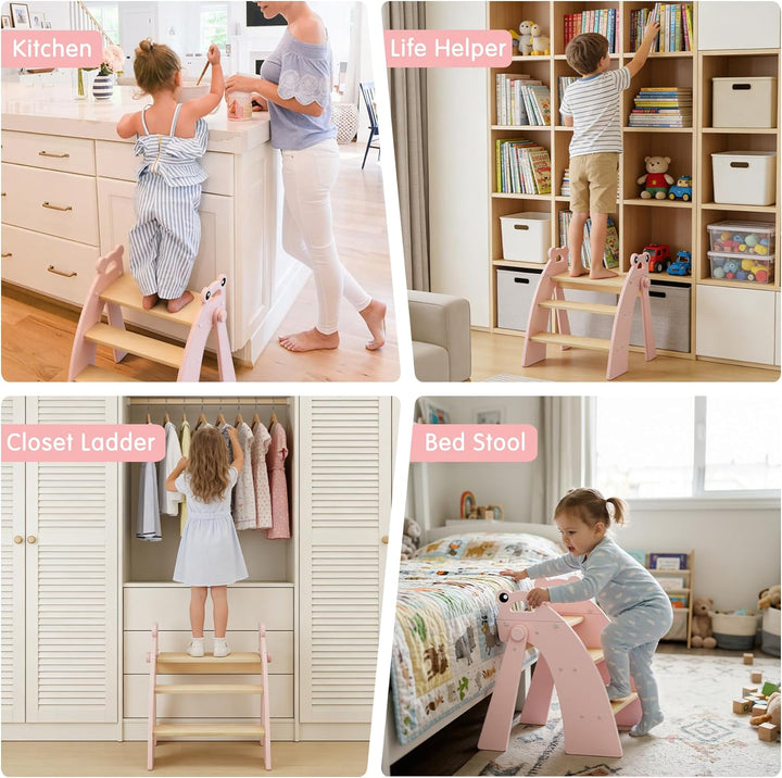 Tritthocker für Kinder Holz, 3 Stufen Kinderschemel, Trittschemel für Baby, Faltbar, Multifunktional
