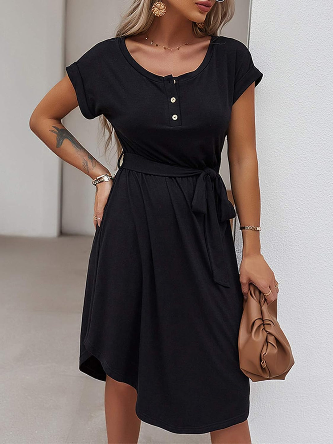 Bequemer Laden Sommer Damen Kleid Knopfleiste Kurzarm Locker Kleider Elegant Sommerkleid Strandkleid