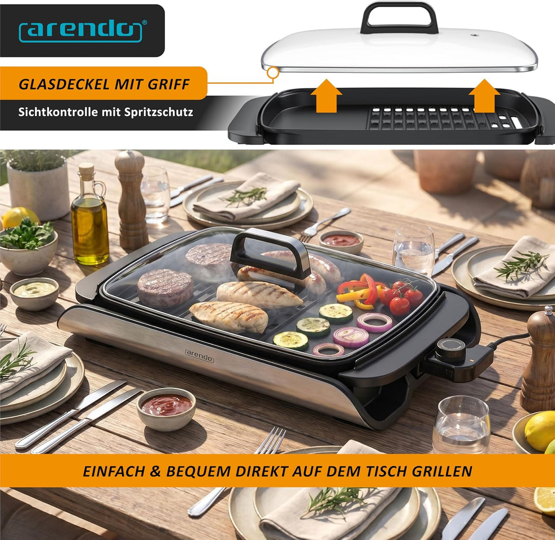 Arendo - Tischgrill Elektrogrill Edelstahl - mit Glasdeckel – extrastark 2000 Watt - Steaks, Würstch
