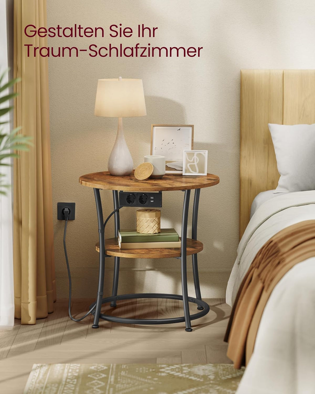 VASAGLE Beistelltisch rund, 2-stufiger Couchtisch mit Steckdosenleiste, Konsolentisch, Stahlrahmen,