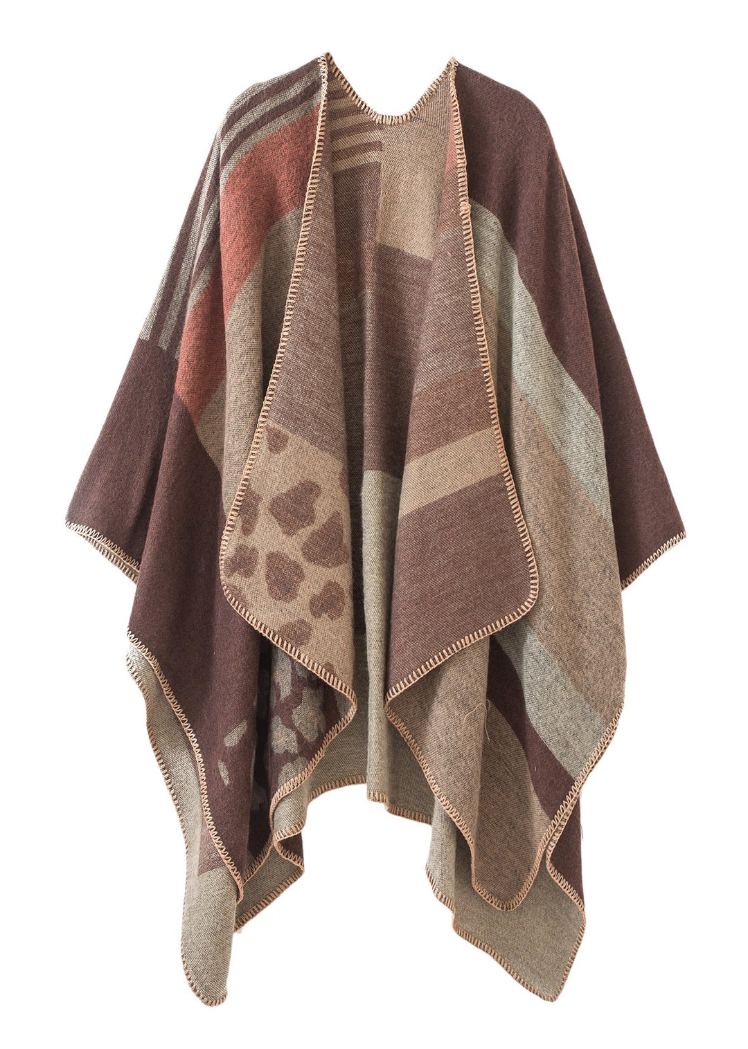 Damen Vintage Farbblocking Schal Wrap Open Front Poncho Übergrosse Winterdecke Elegant Cape Coat Ein