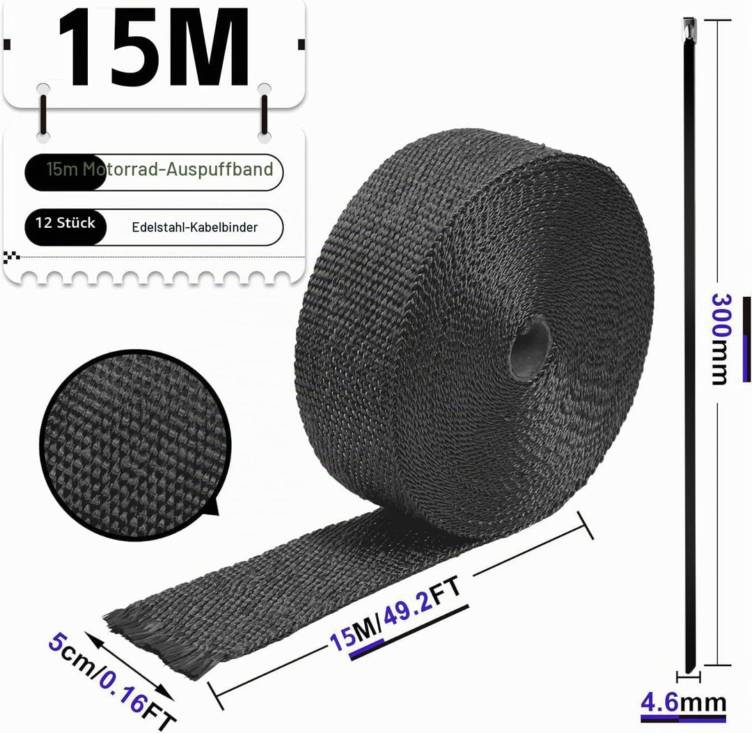 Foneso Hitzeschutzband Schwarz, 15M Hitzeschutzband Auspuff mit 12 Schwarz Edelstahl Kabelbinder, fü