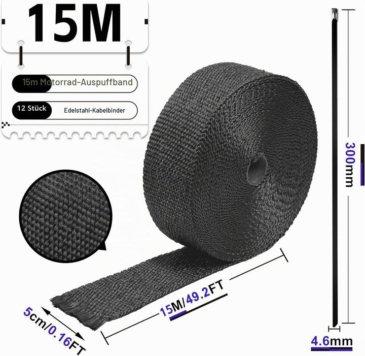 Foneso Hitzeschutzband Schwarz, 15M Hitzeschutzband Auspuff mit 12 Schwarz Edelstahl Kabelbinder, fü