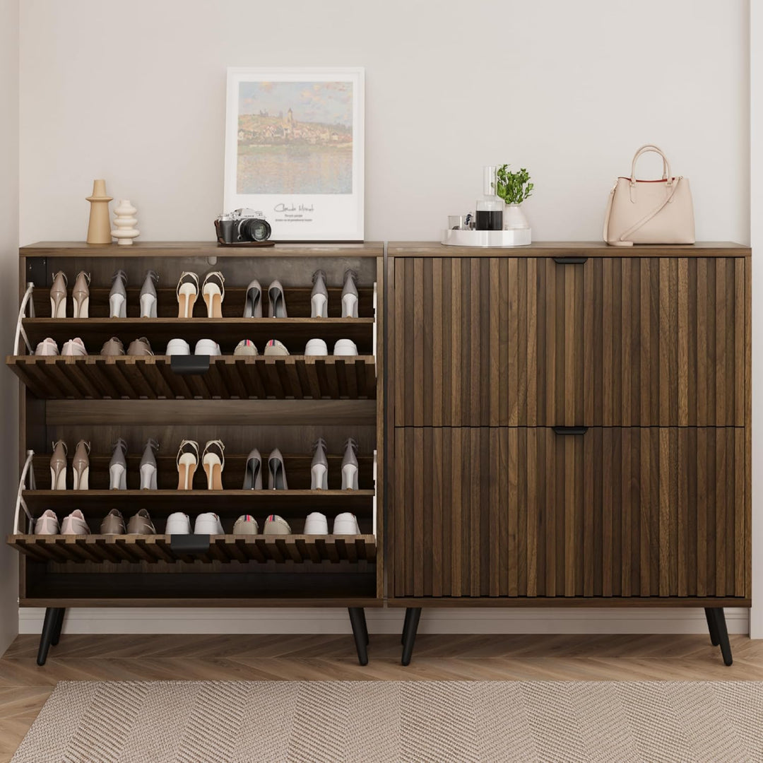 Smuxee Schuhschrank mit 2 Klappschubladen, 80 cm, Walnussholz, versteckter Schuhschrank mit geriffel