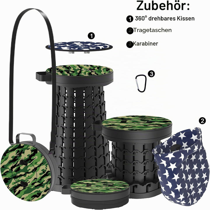 ALEVMOOM Tragbarer Klapphocker mit Kissen,Camping Hocker Teleskophocker,Klappbarer Hocker,Mini Leich