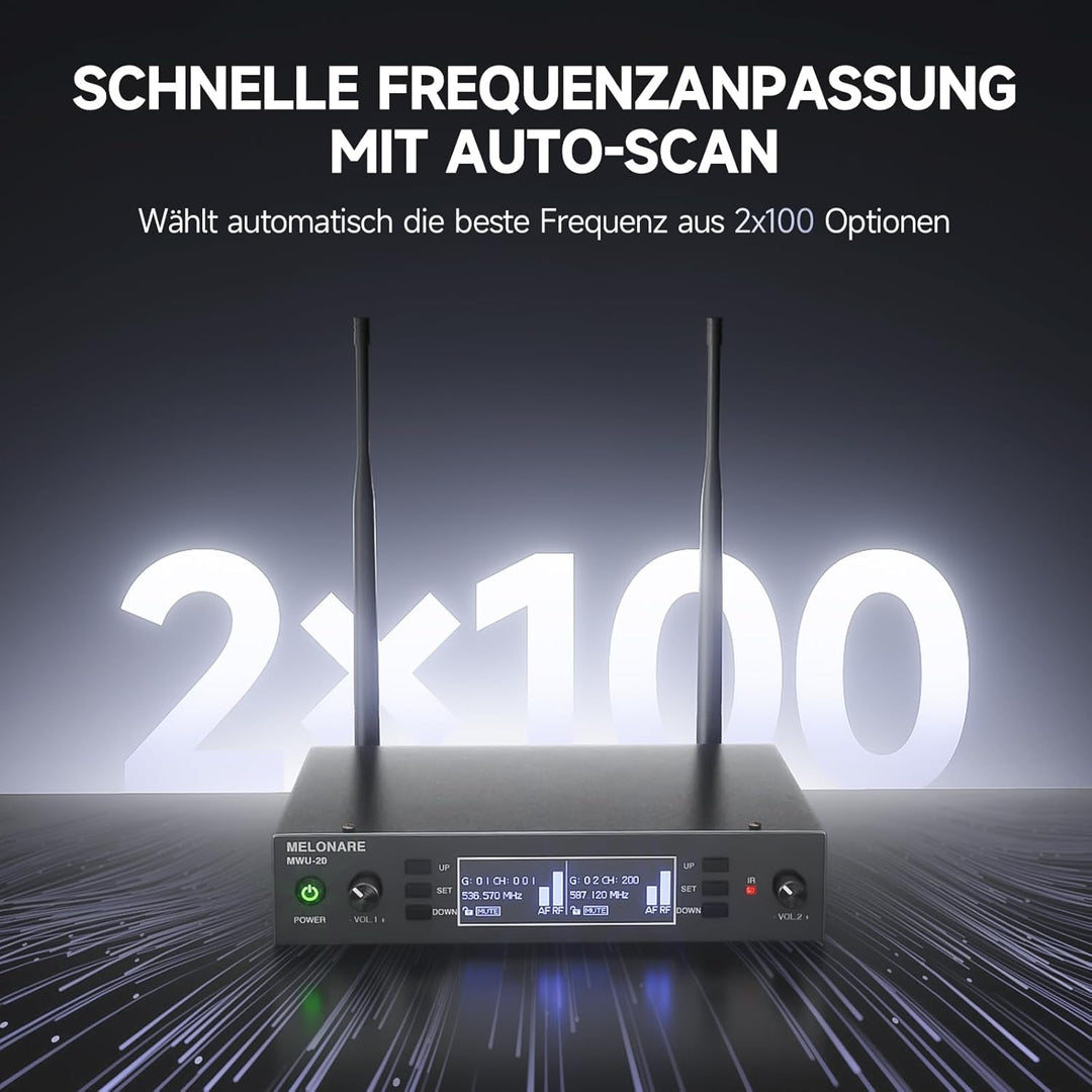 Dual Channel Wireless Microphone System, MELONARE Auto-Scan Professionelles schnurloses dynamisches