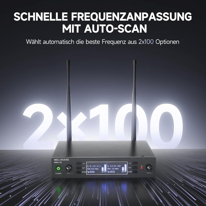 Dual Channel Wireless Microphone System, MELONARE Auto-Scan Professionelles schnurloses dynamisches