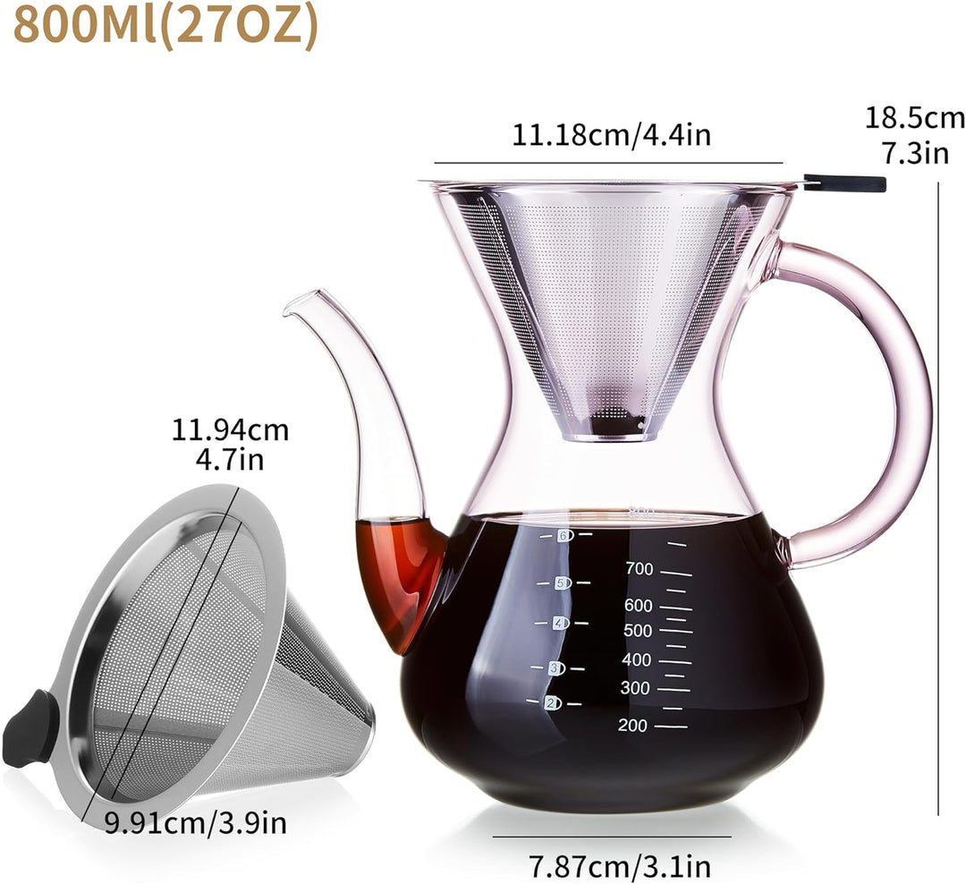 MESNEY Handfilter Kaffeekanne 800ml – Glas Kaffeebereiter mit Edelstahlfilter, Wiederverwendbarer Pe