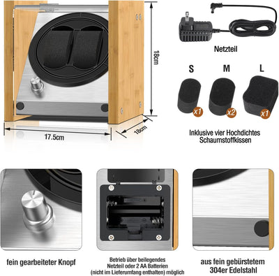 Watch Winder Smith Uhrenbeweger aus Bambusholz und Metall für 2 Uhren, WWS-B1BAM