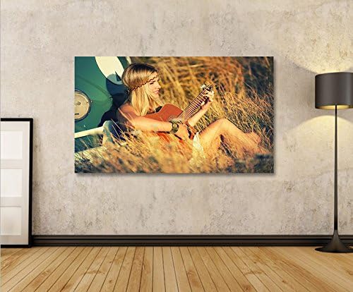 islandburner Bild Bilder auf Leinwand Hippie Girl V3 mit Bus T1 und Gitarre 1p XXL Poster Leinwandbi