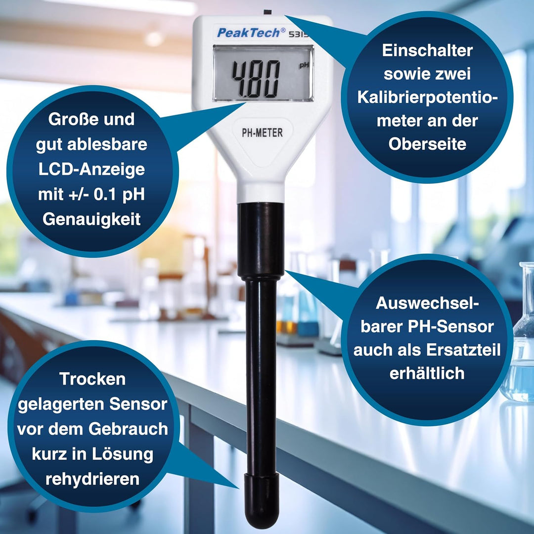 PeakTech 5315, pH Messgerät für Reagenzgläser, Aquarium, Pool und Wasseraufbereitung, pH Wert Checke