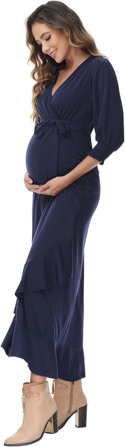 KOJOOIN Damen Umstandskleid V-Ausschnitt Stillkleid Kurzarm Schwangerschaftskleid mit Rüschen Blumen