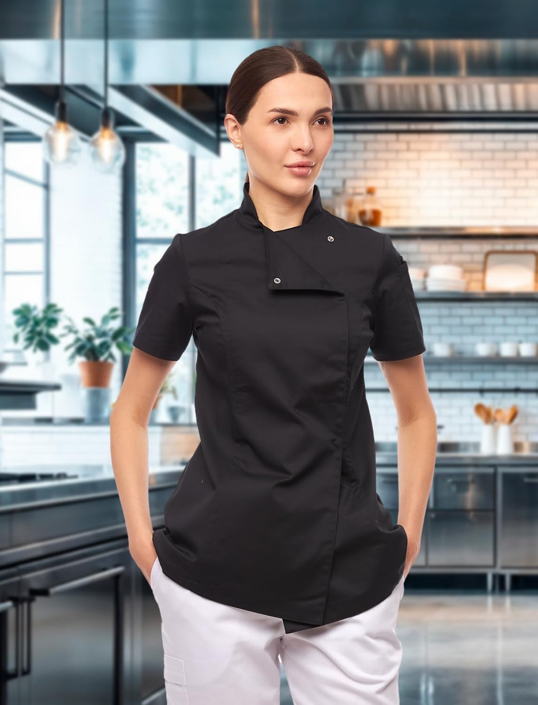 strongAnt Kochjacke Damen kurzarm Stretch mit Druckknöpfen oder Reissverschluss Kochuniform S Schwar