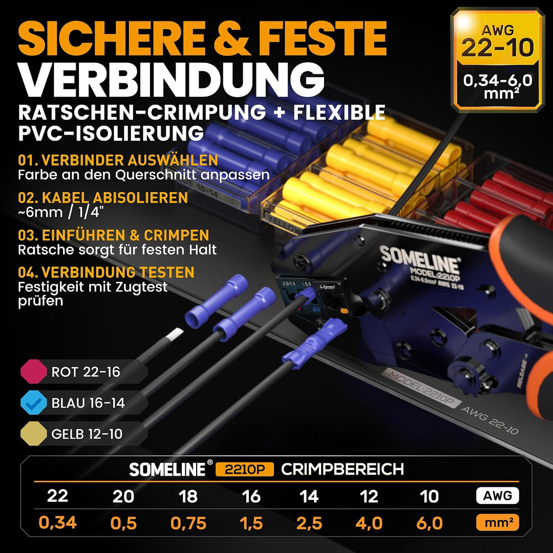 SOMELINE® Crimpzange Stossverbinder Set, 0,34-6mm² Kabelschuhzange, mit 3 Arten Isolierte Stossverbi