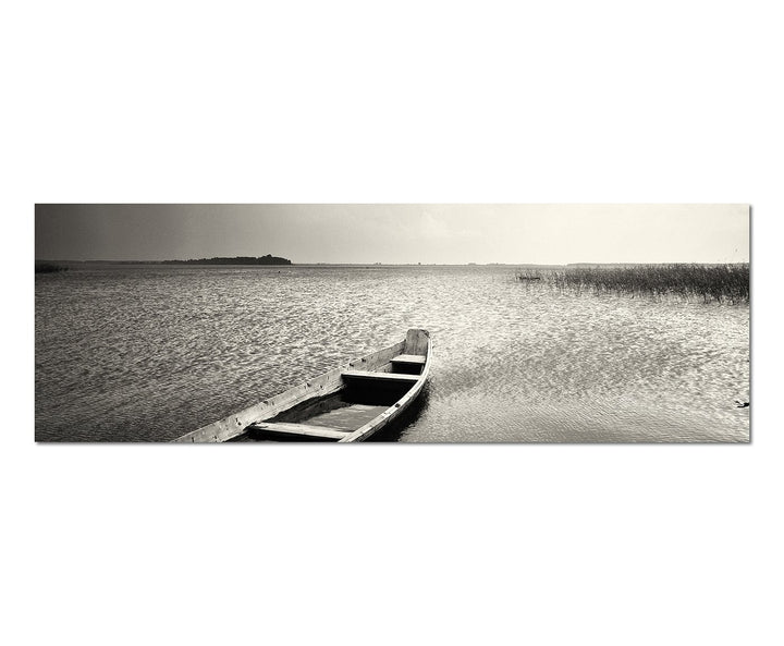 Paul Sinus Art Panoramabild auf Leinwand und Keilrahmen 150x50cm See Boot Kanu schwarz/weiss