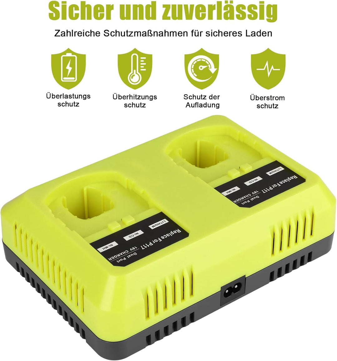 KUNLUN Ersatzladegerät für Ryobi Akku 18V, 3A Doppelladegerät P117 für Ryobi 18v ONE+ P108 P107 P105