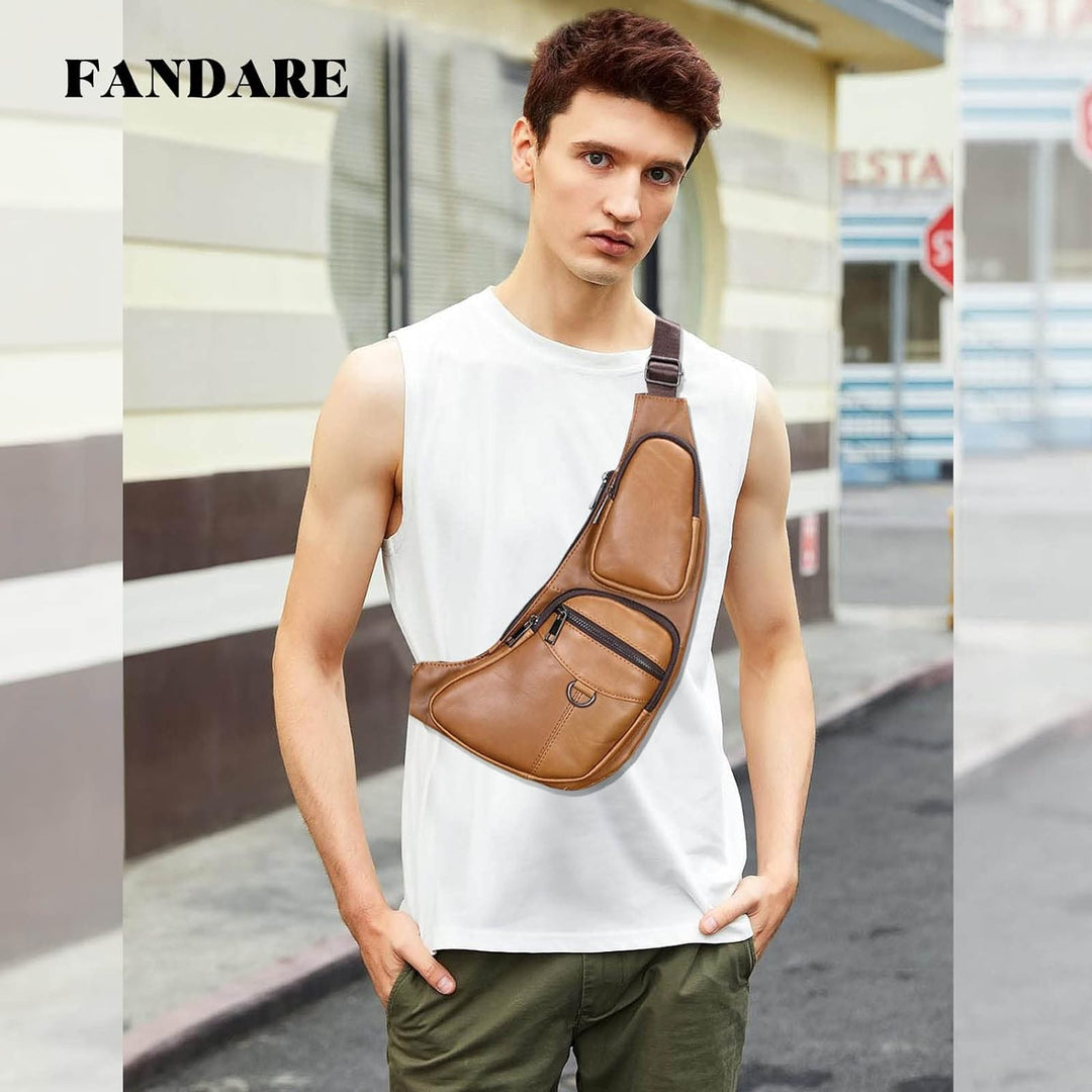 FANDARE Herren Brusttasche Leder Sling Bag Umhängetaschen Schultertasche Bauchtasche Wasserresistent