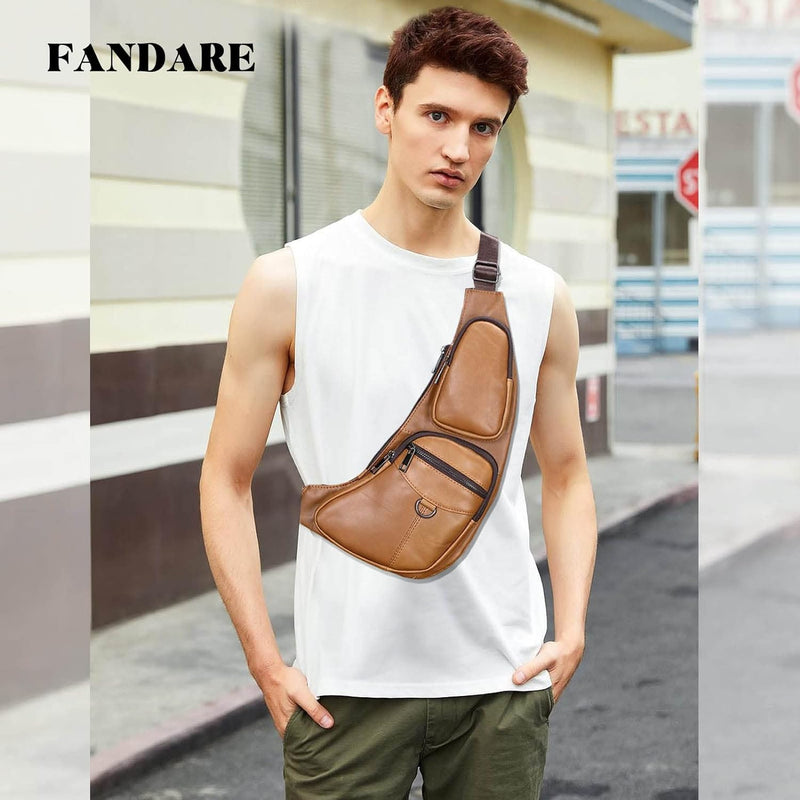 FANDARE Herren Brusttasche Leder Sling Bag Umhängetaschen Schultertasche Bauchtasche Wasserresistent