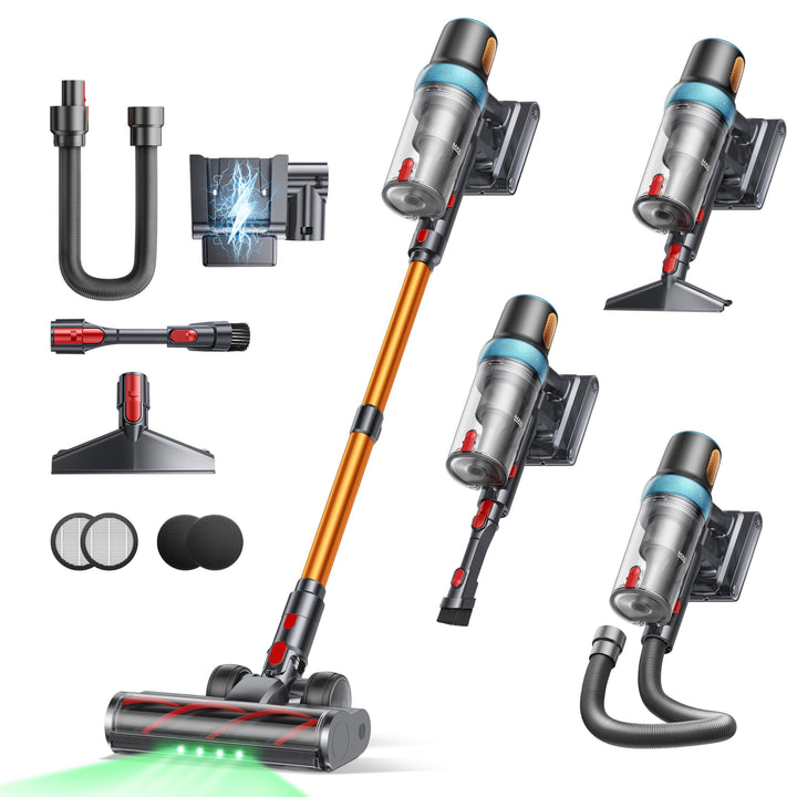 Akku Staubsauger 50KPA/600W/65Min,Selbststehender Staubsauger Kabellos mit 1M Ausziehbarer Schlauch,