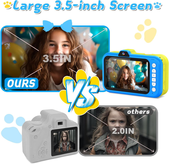 Kinderkamera mit 360°Rotierendes Zoomobjektiv, 3,5" Grosses Display, Kinder Kamera mit Selfies, LED-