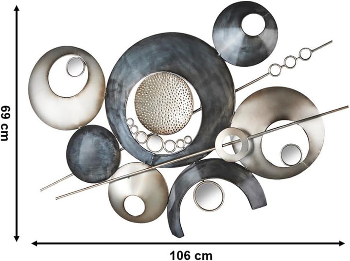 Kobolo Wandbild mit Kreisen und Spiegeln - Metall in den Farben grau und silber 114x66 cm, 114x66 cm