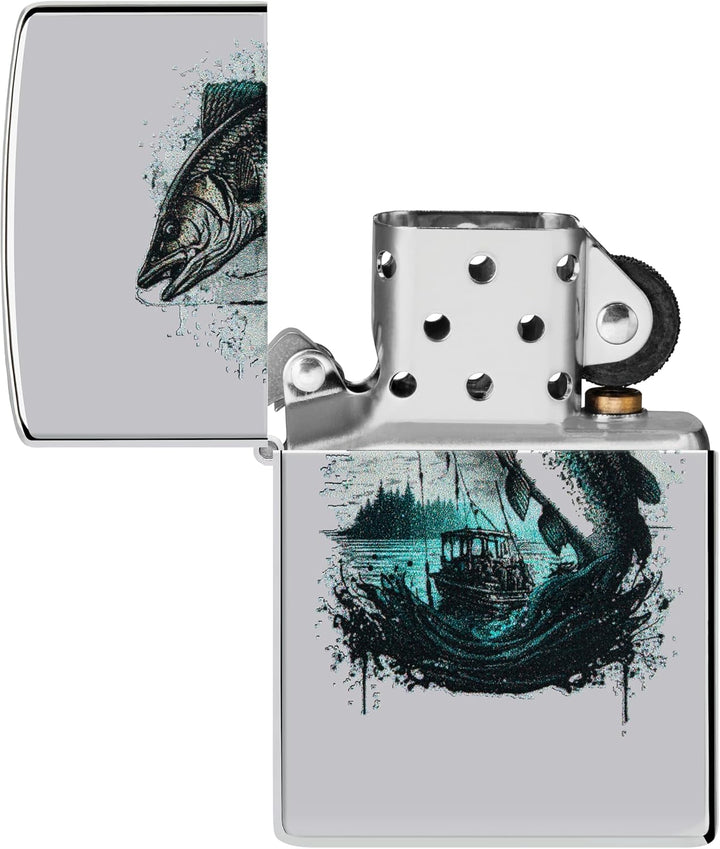 Zippo Sturmfeuerzeug - Fish and Boat, High Polish Chrome, Color Image - Nachfüllbar - Wiederverwendb