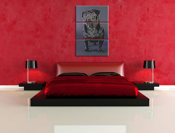 Süsser schwarzer Mops Spezial 3-Teiler Leinwandbild 120x80 Bild auf Leinwand, XXL riesige Bilder fer