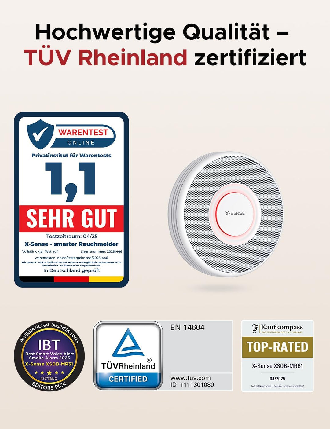 X-Sense Smarter Rauchmelder WLAN mit Sprachausgabe und 17 Standorten, Feuermelder, Rauchmelder verne