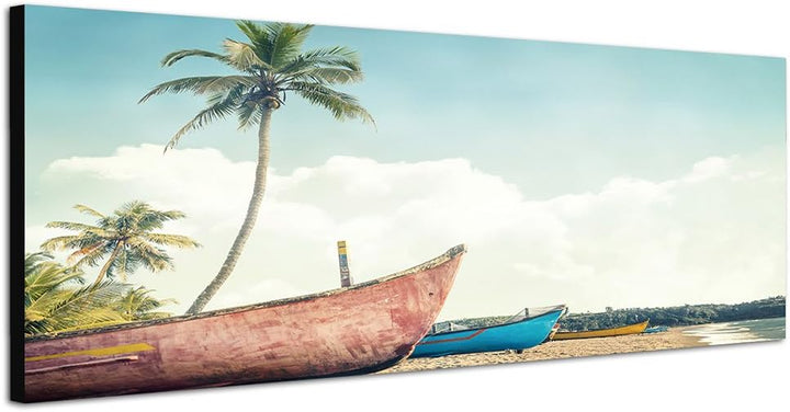 Paul Sinus Art Panoramabild auf Leinwand und Keilrahmen 120x40cm Strand Meer Palme Boote Vintage
