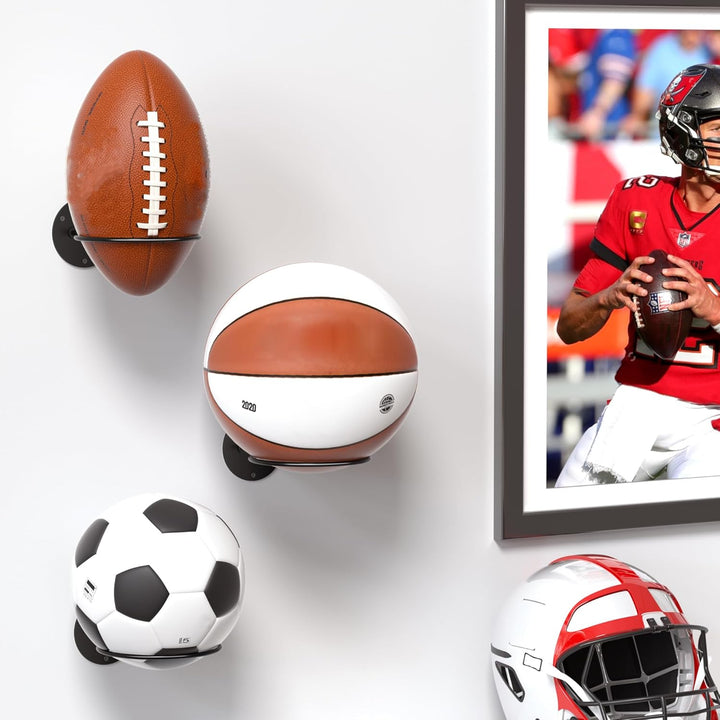 4er-Set Ball Display Halter Wandhalterung: Schwarzer Aufbewahrungsständer für Basketball, Rugby, Fus