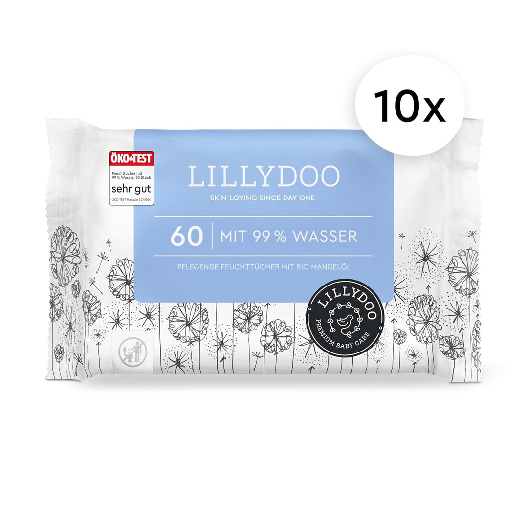 LILLYDOO Baby Feuchttücher mit 99% Wasser, 10 x 60 Stück (600 Feuchttücher), 100% plastikfreies Tuch