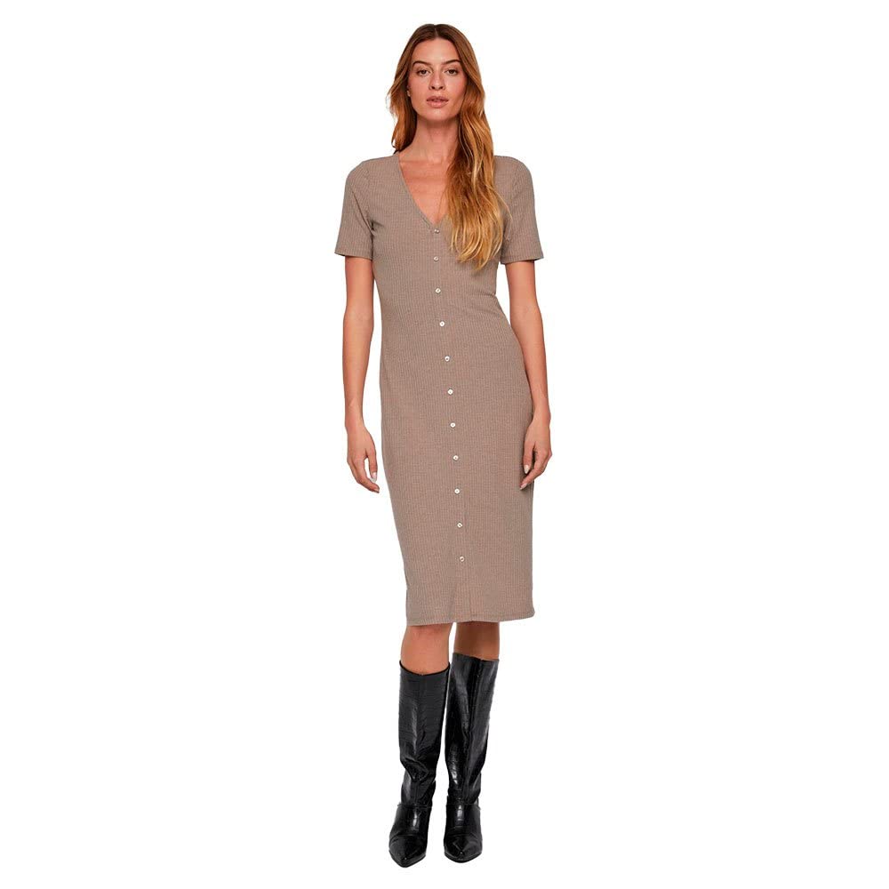 Vila Damen Vifelia Button S/S Midi Dress/Su-Noos Midikleid XXL Walnut/Detail:melange, XXL Walnut/Det