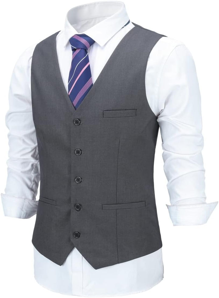 Allthemen Herren Weste V Ausschnitt Einreiher Gilet Slim Fit Business Anzugweste Western M Dunkelgra