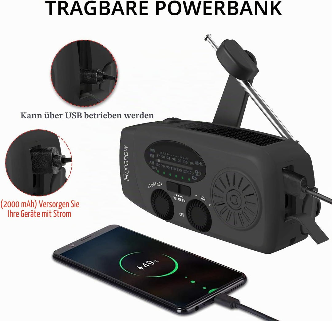 iRonsnow Notfall-Solarradio, Tragbare Kurbelradio mit LED-Taschenlampe, SOS-Alarm, AM/FM/WB Solar Wi