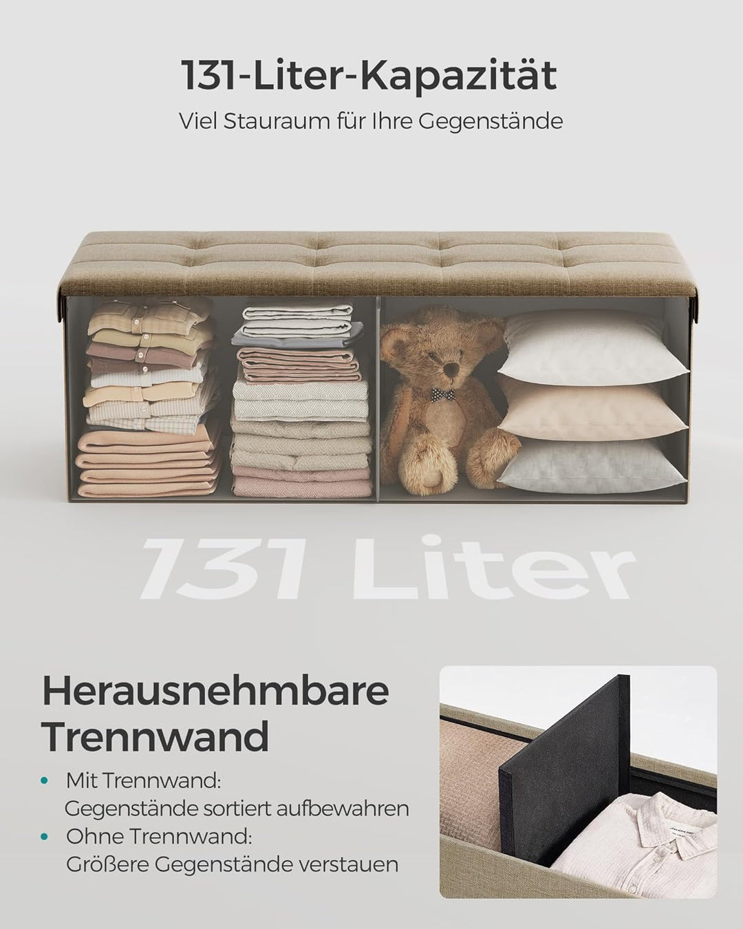SONGMICS Sitzhocker mit Stauraum, klappbare Sitzbank, 38 x 110 x 38 cm Fussbank, Aufbewahrungsbox, b