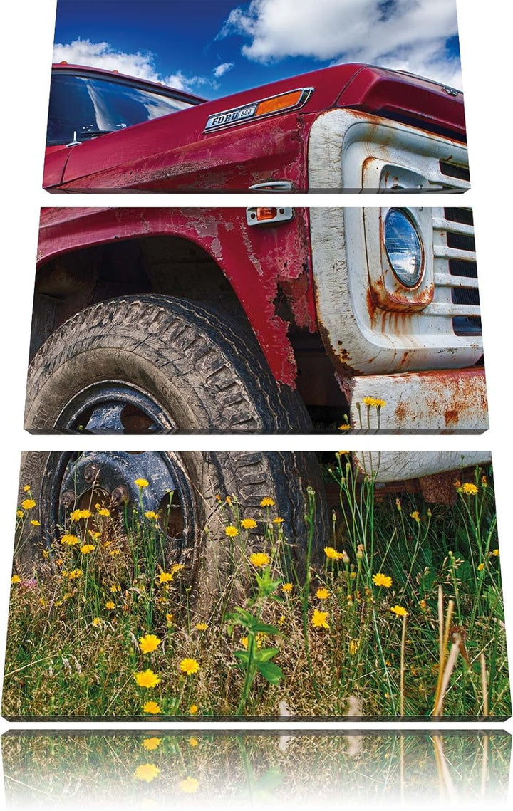 Pixxprint USA Truck auf Blumenwiese 3Teiler 120x80 cm Leinwandbild Wandbild Kunstdruck