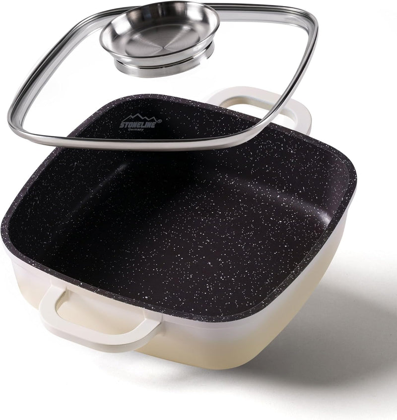 STONELINE Eckpfanne, 20x20 cm, mit Aroma Glasdeckel, Servierpfanne, Induktion, Aluguss, antihaft bes