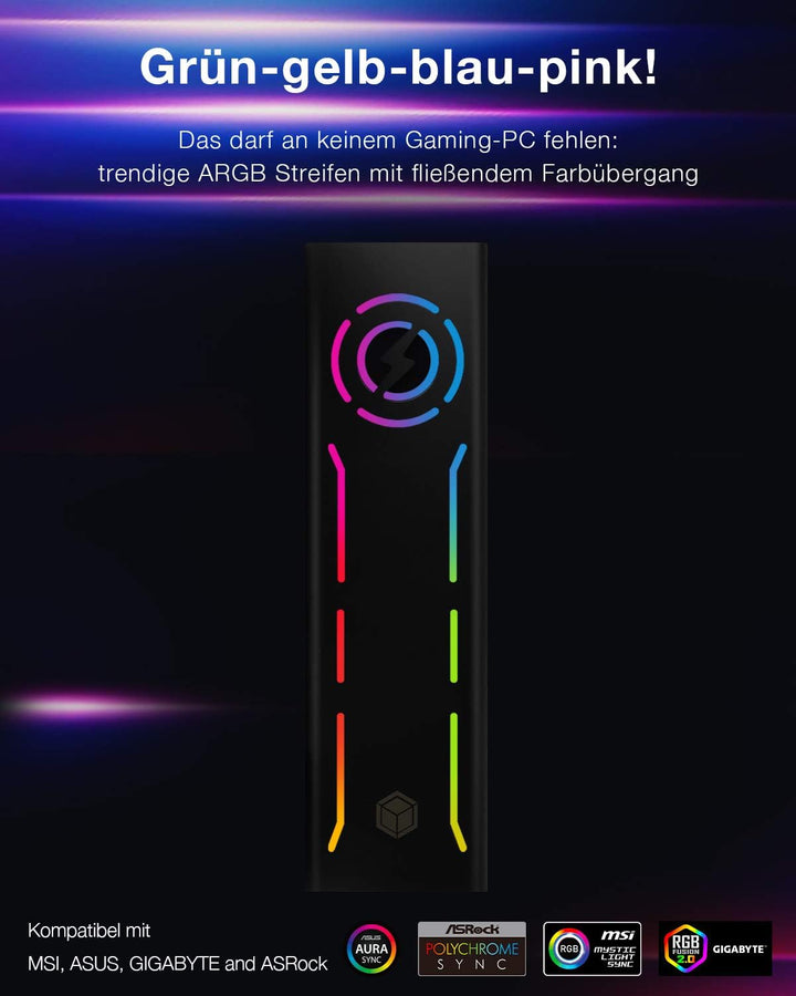 ICY BOX Type-C Gen 2 zu PCIe NVMe M.2 Gaming Gehäuse mit ARGB und Aktiver Kühler, Werkzeuglose Monta