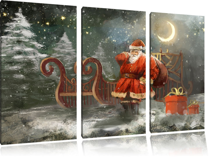 Pixxprint Weihnachtsmann mit Geschenken als Leinwandbild/Grösse: 3 Teilig (120x80 cm) / Wandbild/Kun