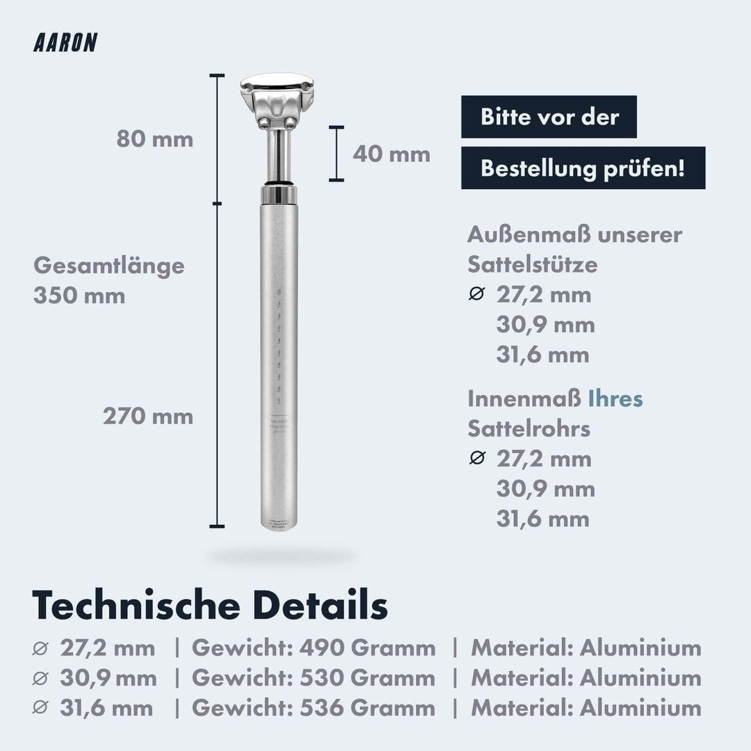 AARON Spring Federsattelstütze mit 27,2, 30,9 oder 31,6 mm Durchmesser - Gefederte Aluminium Sattels