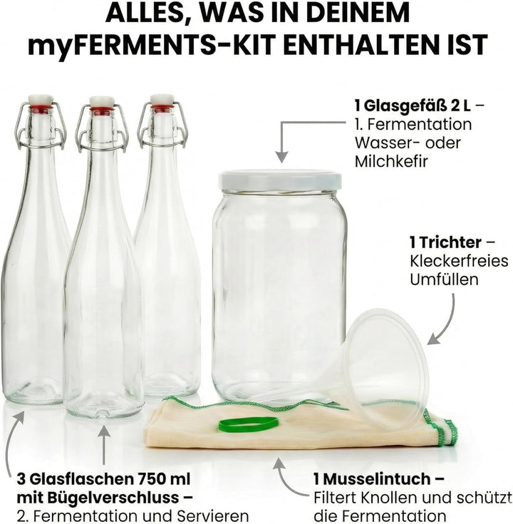 Kefir & Kombucha Starter Set | 2L Glasgefäss | 3 hermetische 750ml Bügelflaschen | 10cm Trichter & M