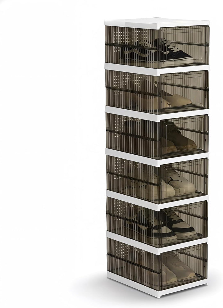 Schuhboxen Stapelbar, 24 Ebenen, Transparent, Faltbar, Dickem Kunststoff, für Sneaker bis Grösse 46,