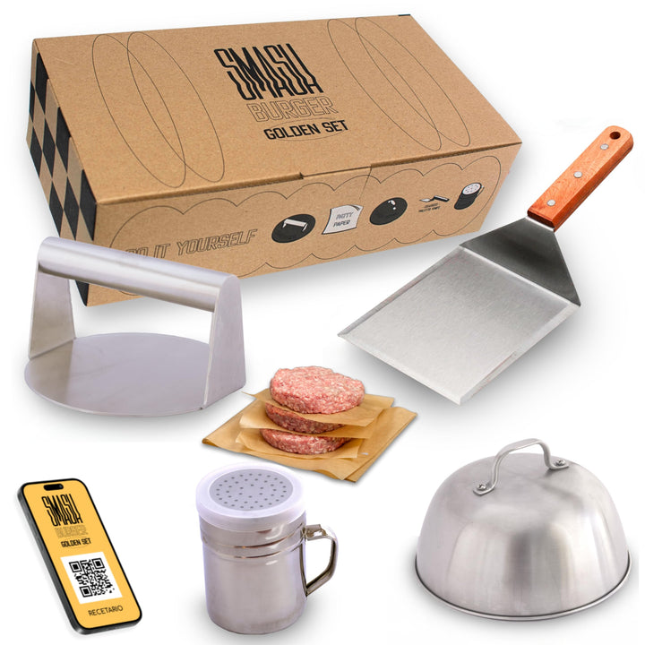 ADEGO Smash Burger Professionelles Set aus Edelstahl + QR mit Rezeptbuch - EU-zertifiziertes Produkt
