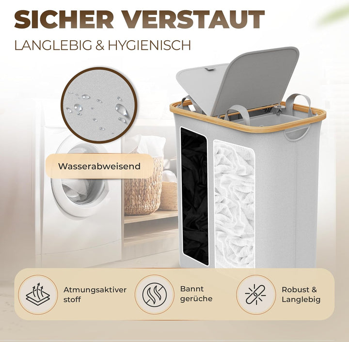 Wäschekorb 2 Fächer mit Deckel 150 Liter Bambus-Stoff Hell Grau Gross - Wäschesortierer Wäschetonne
