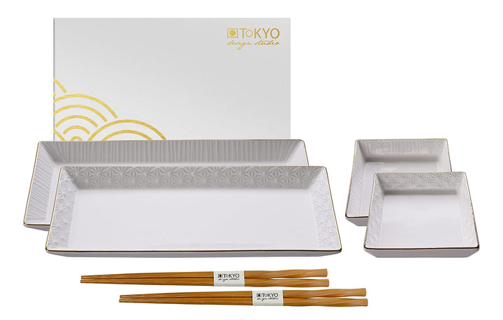 TOKYO design studio Nippon White Sushi-Set weiss, mit Goldrand, 6-TLG., 2X Sushi-Platten 2X Saucen-S