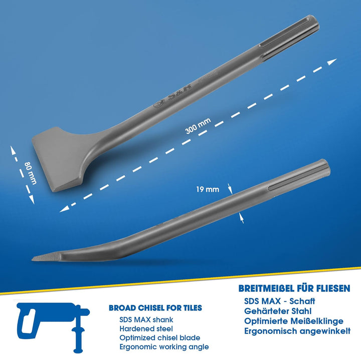 S&amp;R Hochleistungs-Fliesenmeissel SDS-MAX-Schaft 300x80mm abgewinkelt, Industrie-Qualität Made in Ger